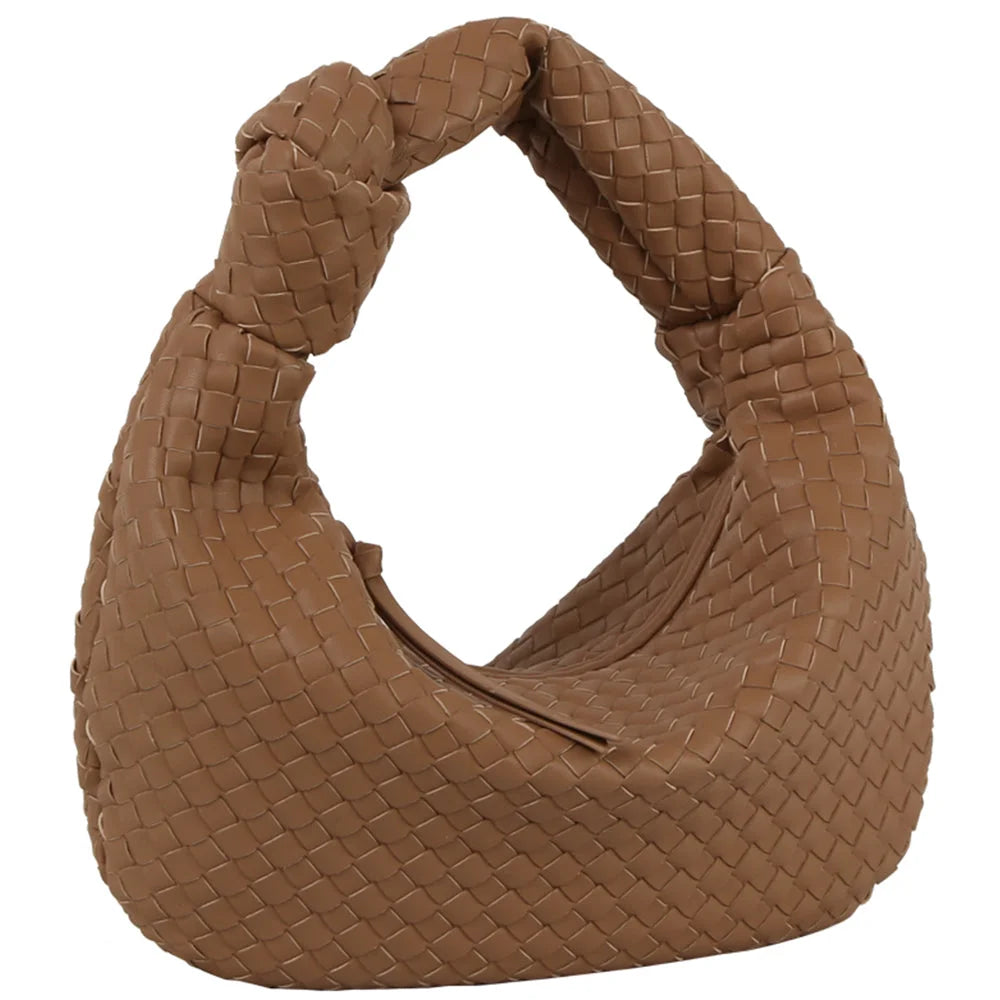 Brown woven knotted hobo bag with a curved handle for stylish everyday use