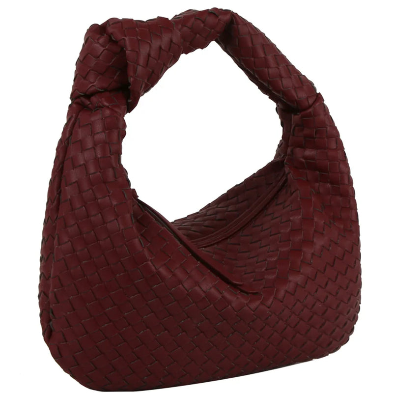 Burgundy woven knotted hobo bag with a curved shoulder strap for stylish versatility