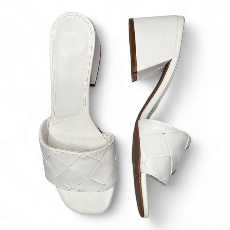 White leather single band sandals with woven strap design on low block heel