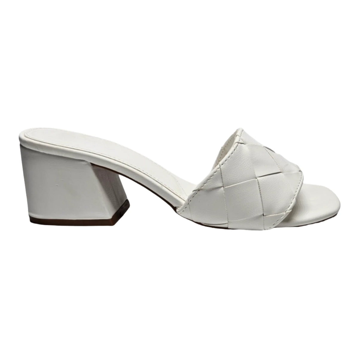 White leather mule sandal with woven upper and low block heel, perfect for stylish comfort