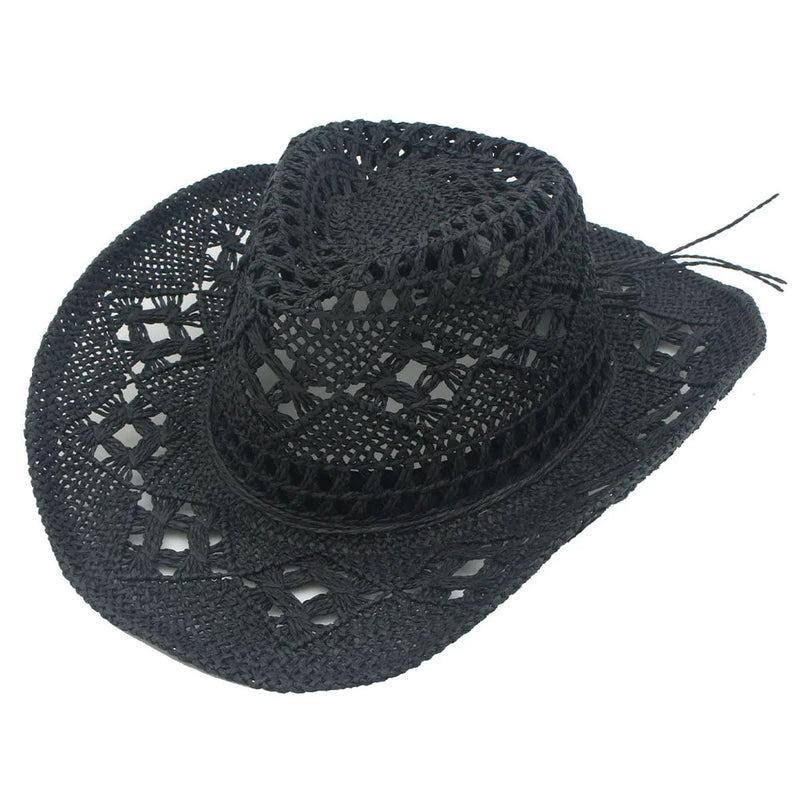 Black crocheted cowboy hat with intricate openwork, perfect for a woven straw beach hat