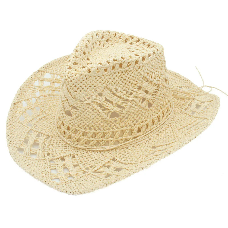 Beige woven straw beach hat featuring an intricate woven pattern for stylish sun protection