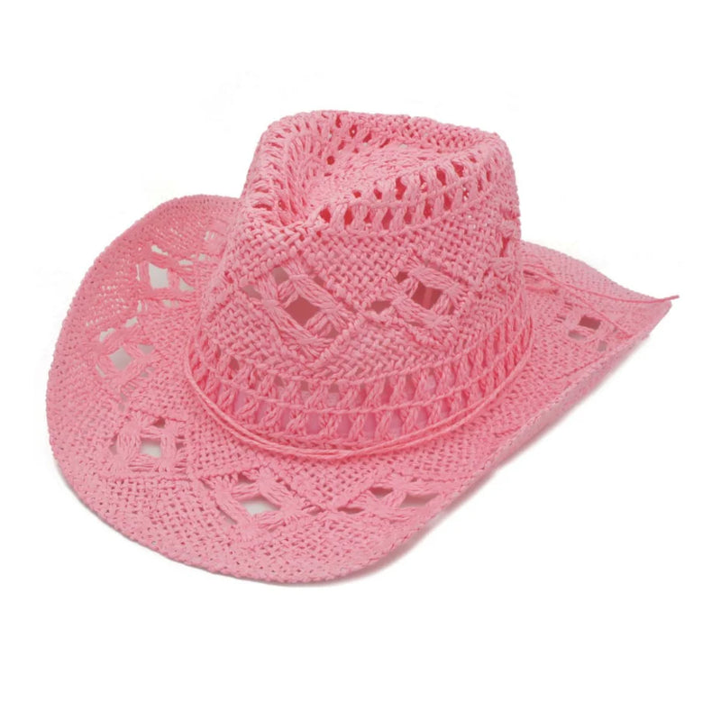 Pink crocheted cowboy hat with lace patterns featured in a Woven Straw Beach Hat