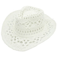 White crocheted cowboy hat in open weave, perfect for a woven straw beach look