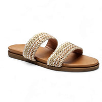 Woven Two Band Slide featuring braided straps on a tan footbed for stylish comfort