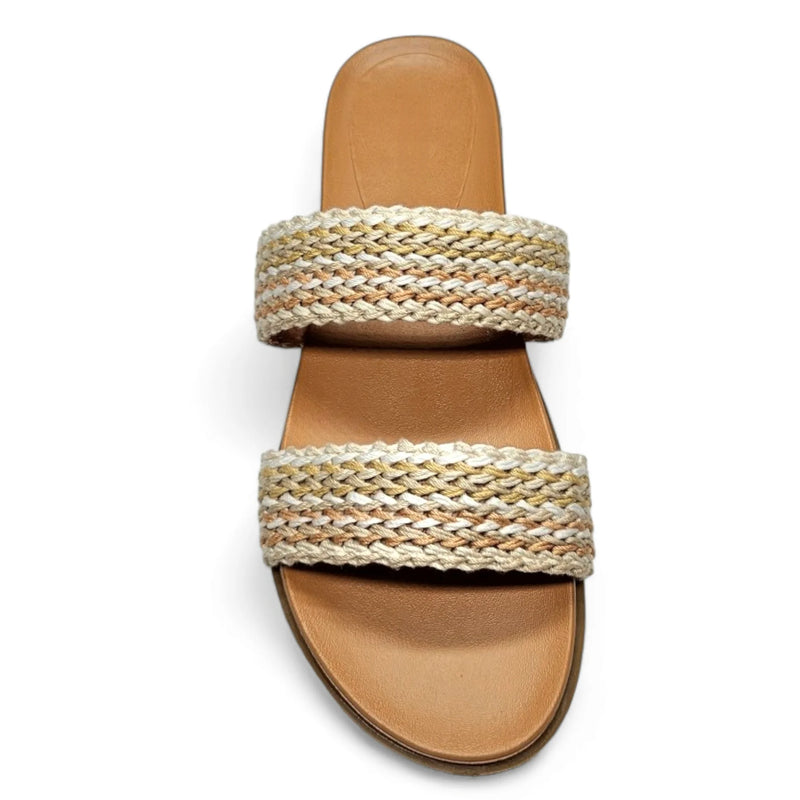 Woven Two Band Slide featuring raffia straps on a tan leather sole