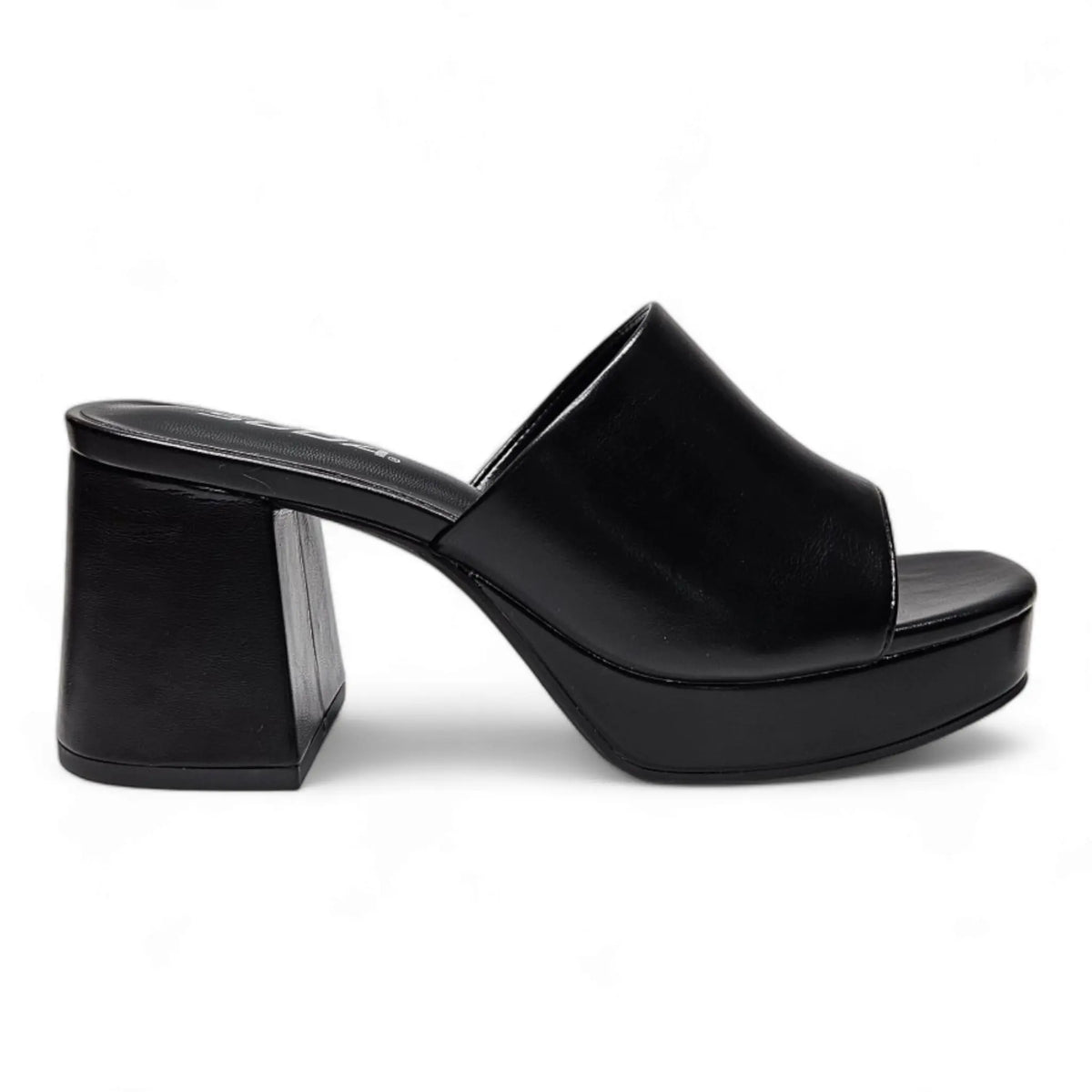 Black leather platform mule sandal with chunky heel, ideal for stylish retro platform heels