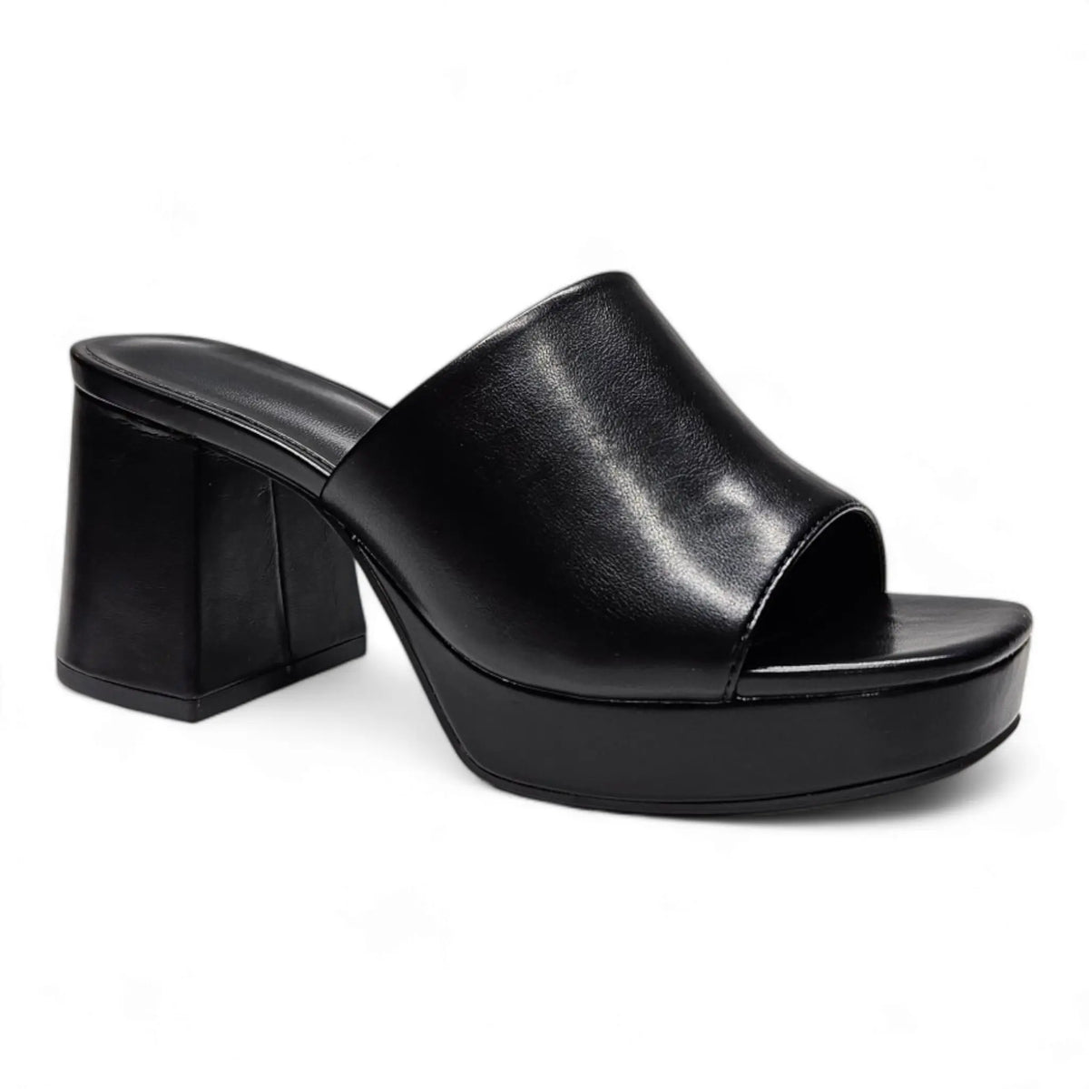 Black leather platform mule sandal with chunky heel from Retro Platform Heels collection