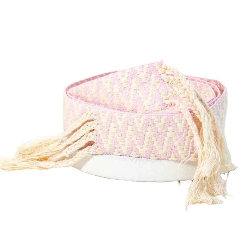 Pale pink stripe pattern braided belt with cream fringe, featuring zig zag stripe design