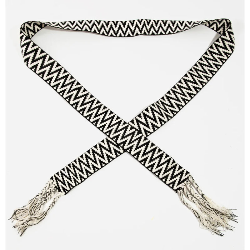 Woven zig zag stripe pattern braided belt with fringed ends for stylish outfits