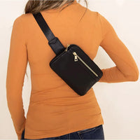 Black Zipper Fanny Pack Bag worn across the body for stylish hands-free convenience