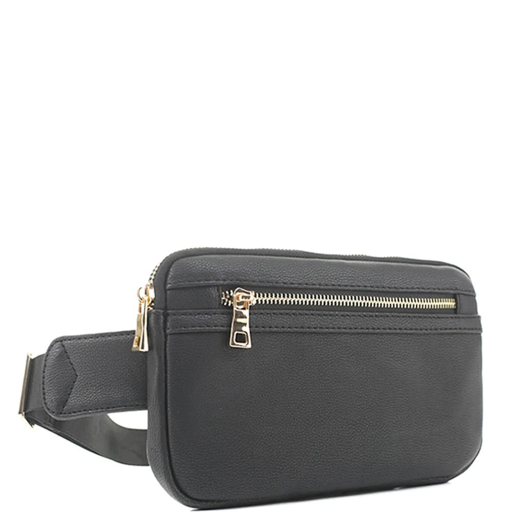 Black leather zipper fanny pack bag with stylish gold zipper details