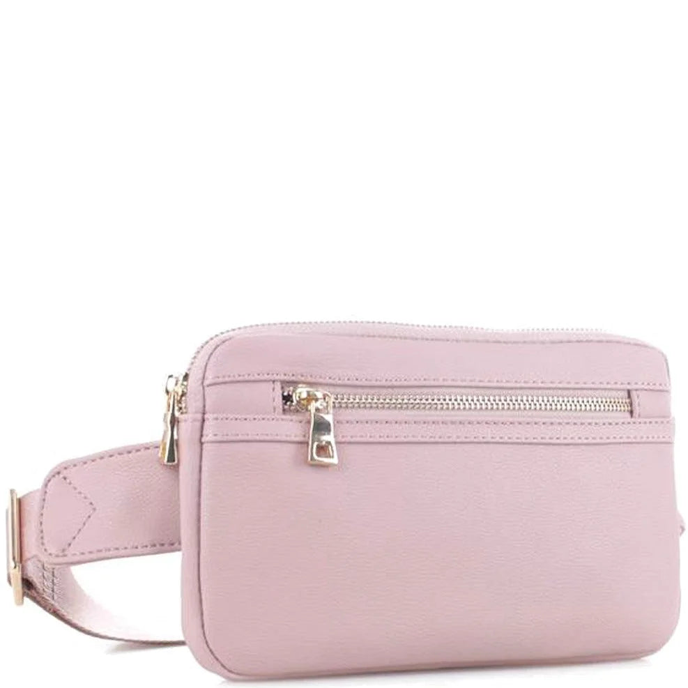 Pink leather zipper fanny pack bag with gold-toned zippers and hardware