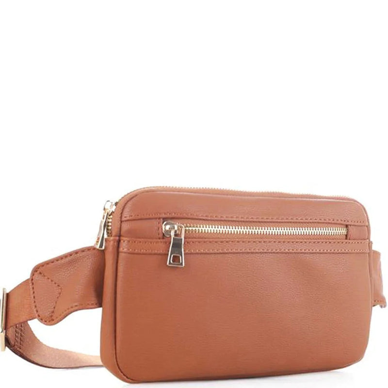 Tan leather zipper fanny pack with a zipper pocket for stylish convenience