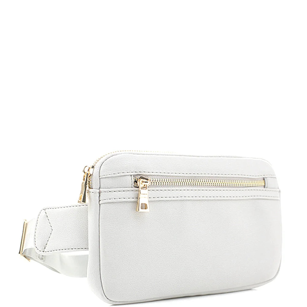 White leather zipper fanny pack bag with gold-toned zippers and hardware