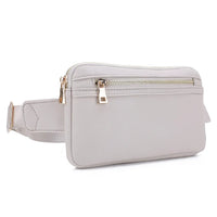 Light gray leather zipper fanny pack bag with gold-toned zippers and adjustable strap