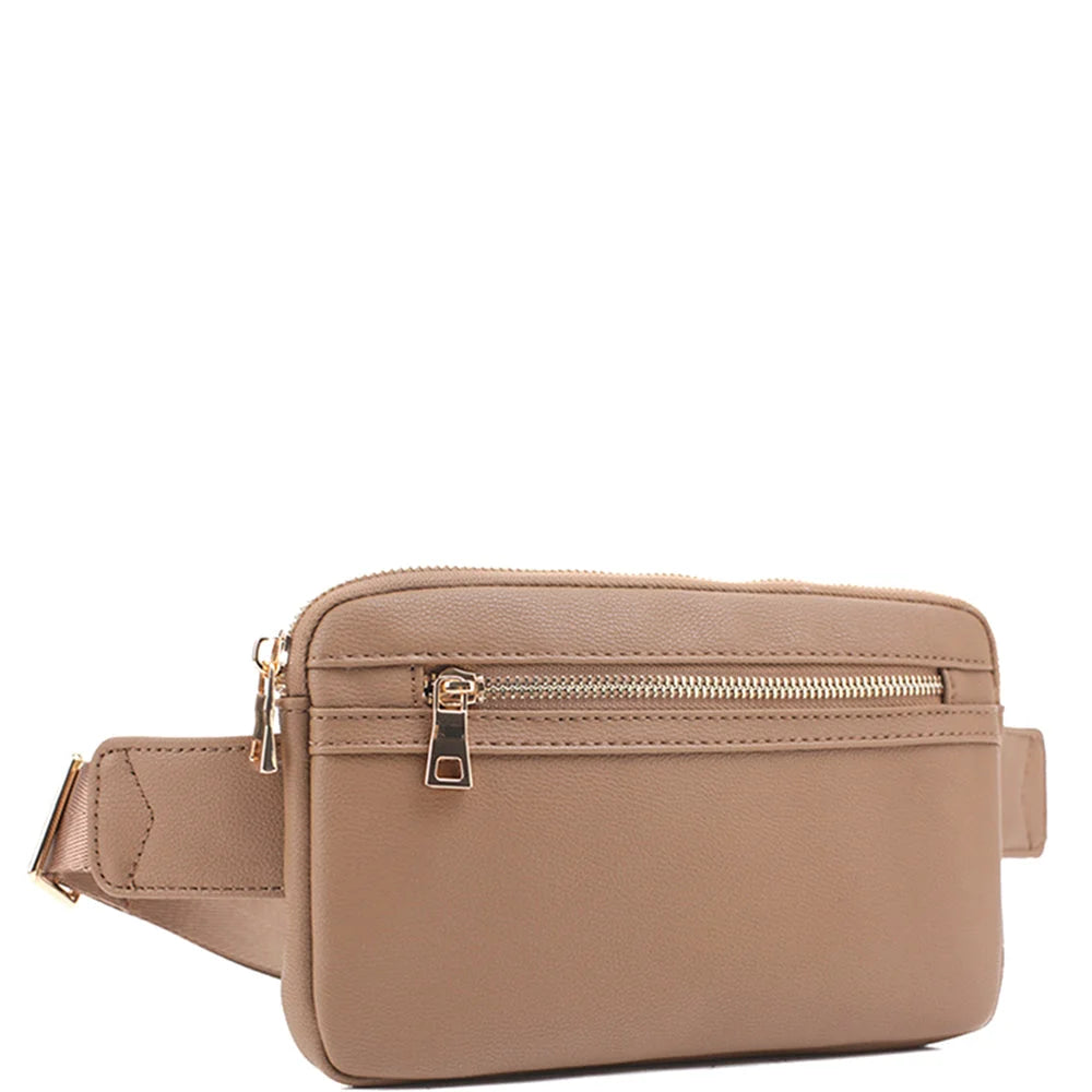 Beige leather zipper fanny pack bag with elegant gold-toned zipper details