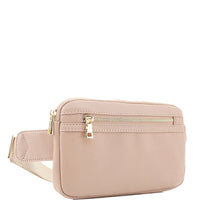 Pale pink leather zipper fanny pack bag with stylish gold zipper details