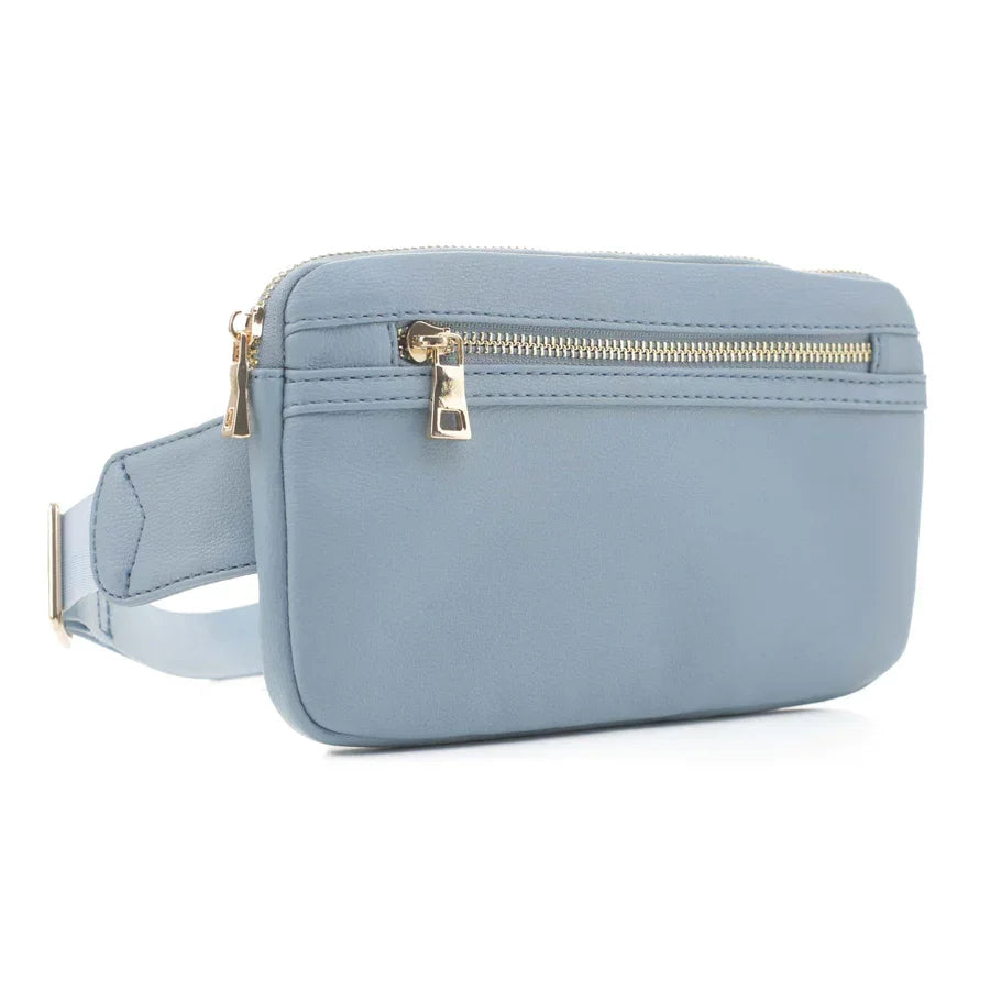 Light blue leather zipper fanny pack bag with stylish gold zipper detailing