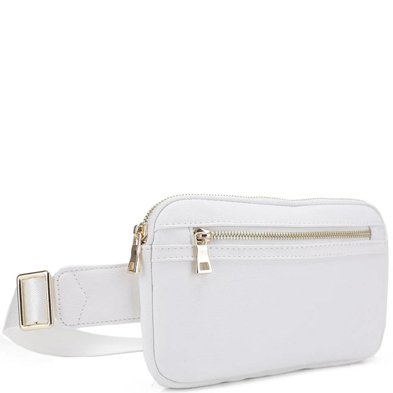 White leather zipper fanny pack bag with gold zipper details and adjustable strap