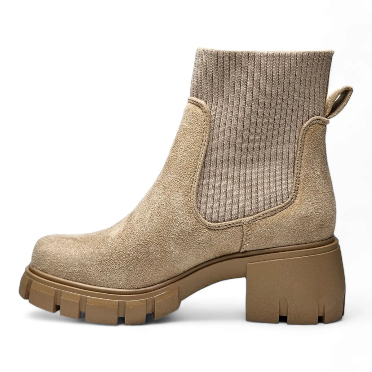 Beige suede ankle boot with chunky platform and ribbed elastic shaft in Elastic Shaft Lug Bootie