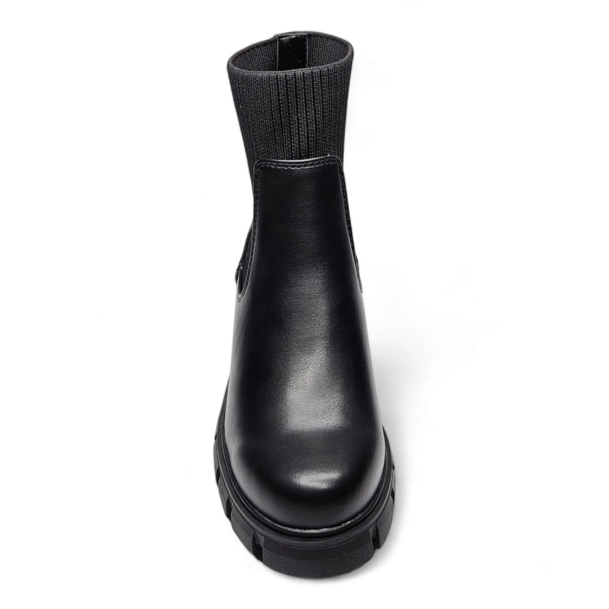 Black leather Elastic Shaft Lug Bootie with chunky sole and ribbed knit collar